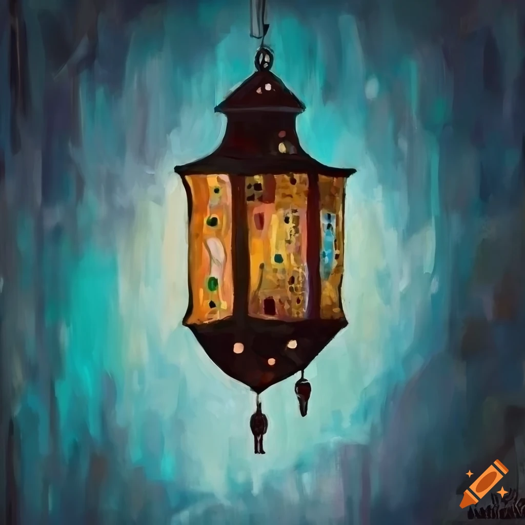 Bright hanging lantern with moody abstract background in Klimt inspired painting