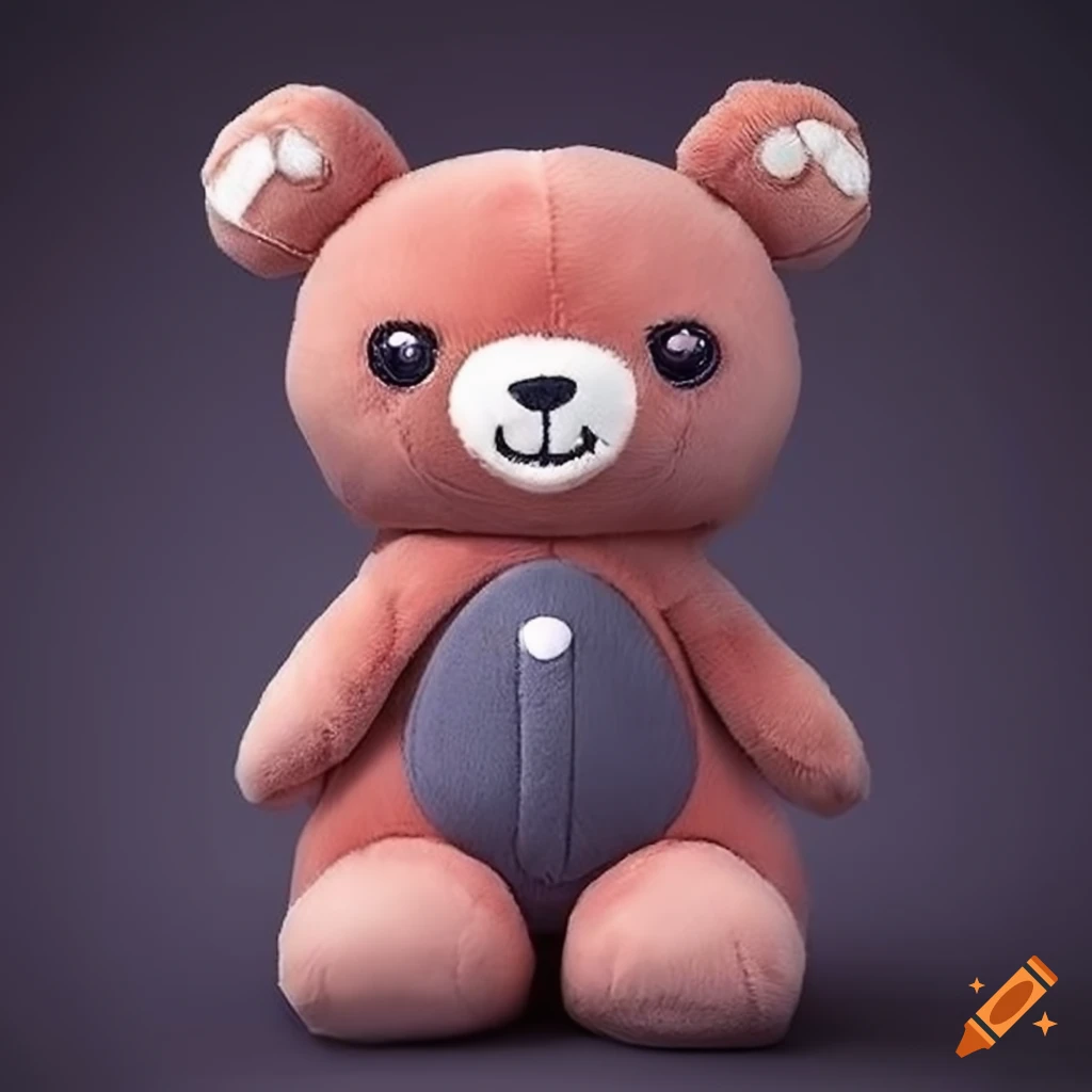 Intricately designed plush bear with expressive eyes in Japanese manga style