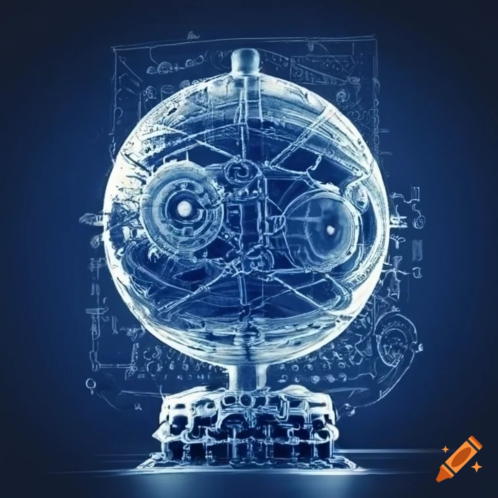 Blueprint sketch of an intricate orb with cogs, chains, rivets, springs, and knobs
