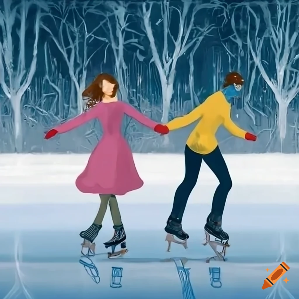 Couple ice skating while holding hands in empty rink