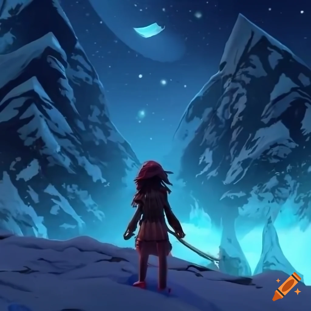 Girl flying on a strawberry over snowy mountains in a video game inspired scene
