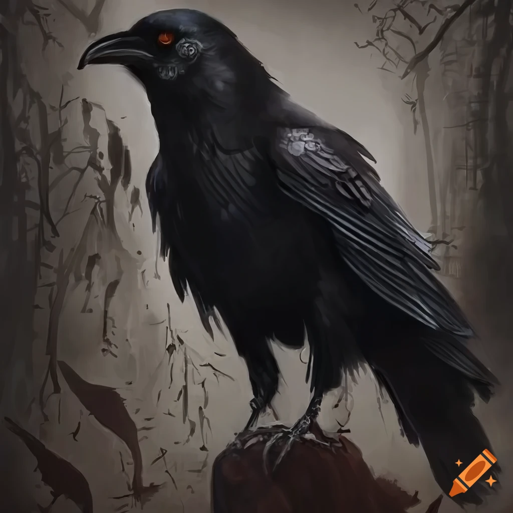 Raven painting in dark academia vintage gothic style