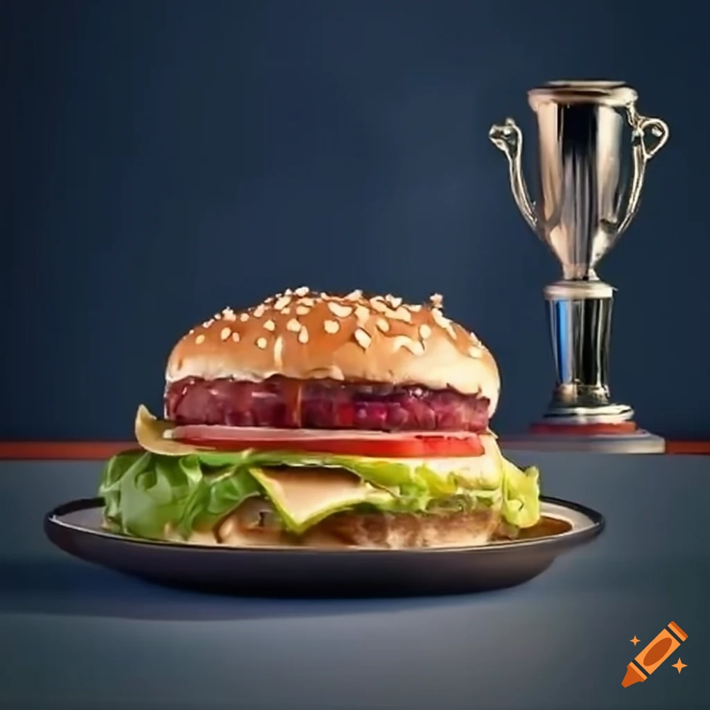 Juicy hamburger next to a sports trophy