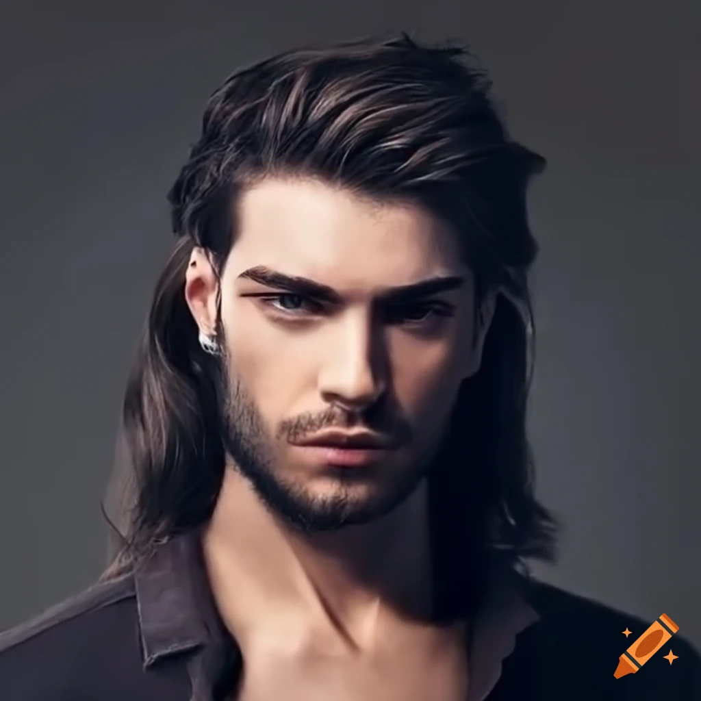 Handsome man with a strong jawline, intense hunter eyes, and long wolf