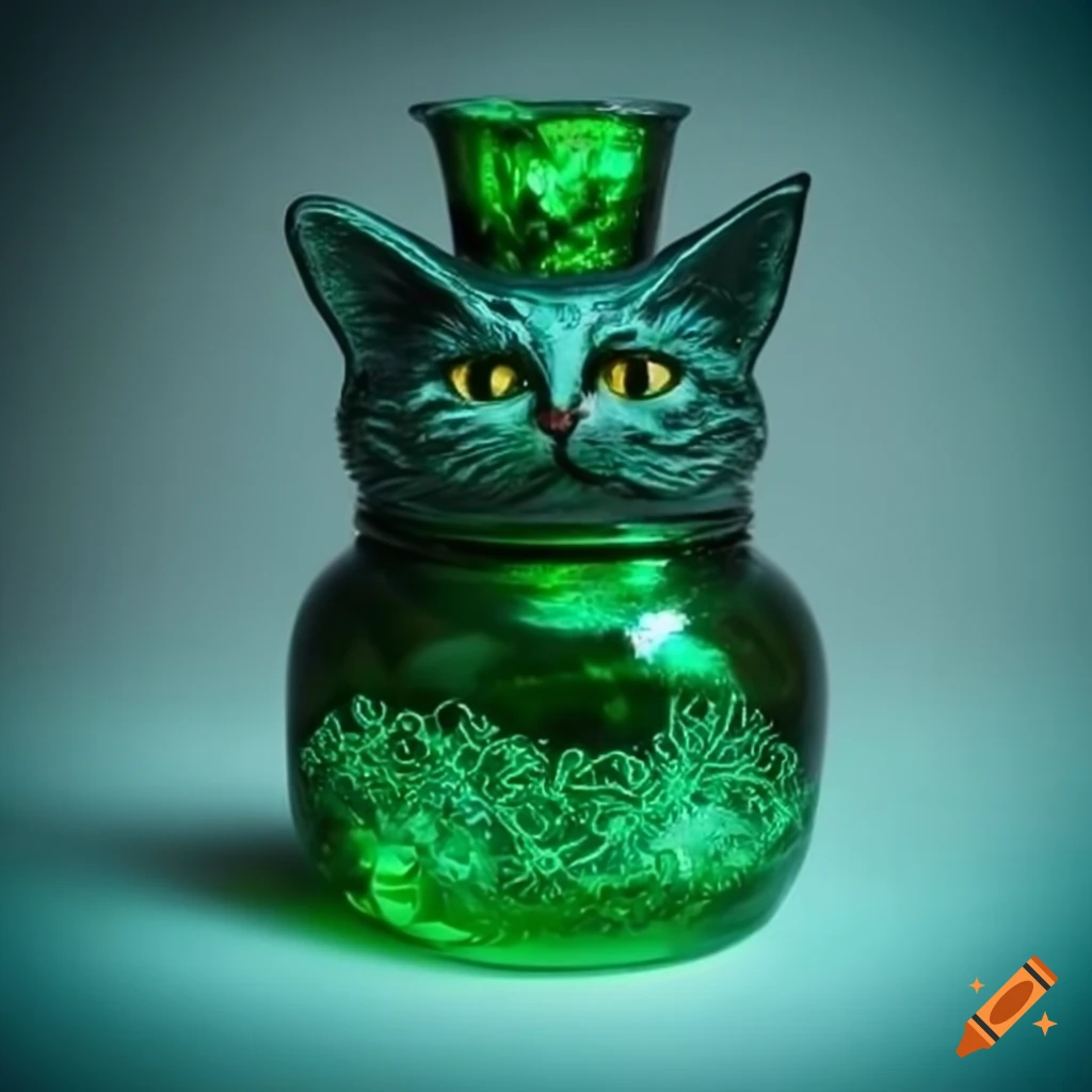 Emerald the enchanted witch inspired glass cat jar on Craiyon