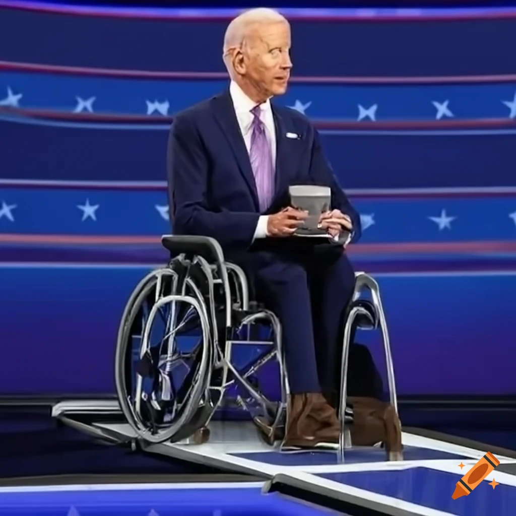 Joe biden sitting in a wheelchair on a debate stage with a blank