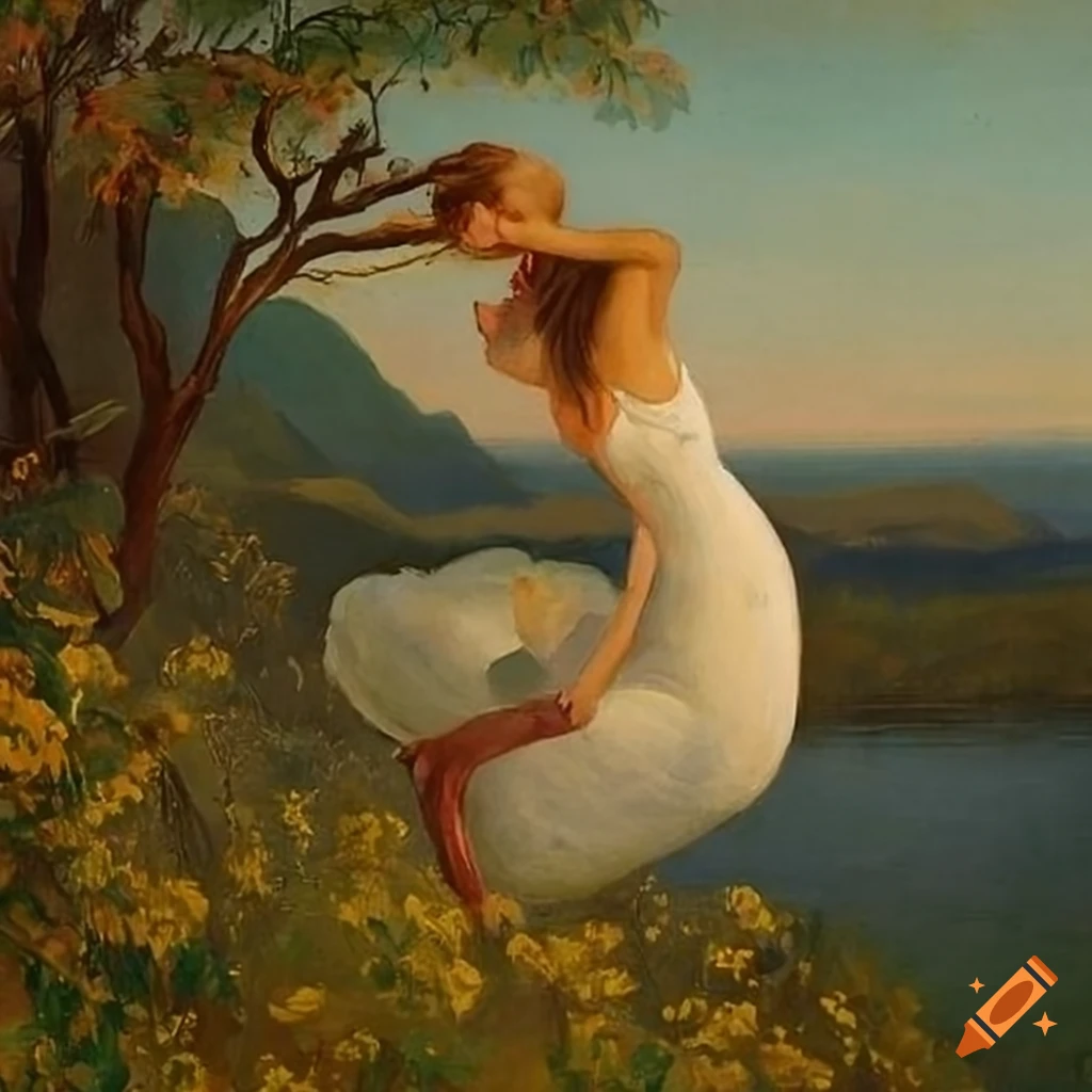 Max Klinger inspired painting with yellow pears, wild roses, and swans in a lake