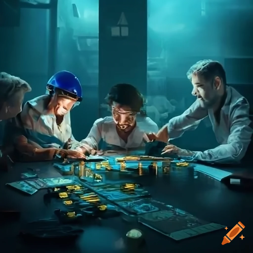 Group of engineers playing a board game in a room with oil rigs in the