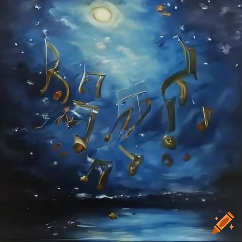 Stormy night with musical notes in blue and gold tones