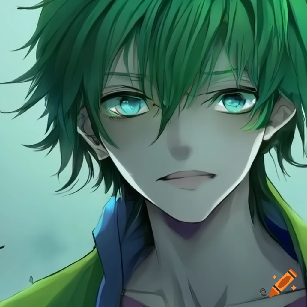 Anime boy with green hair, eyes, pants, and shirt on Craiyon