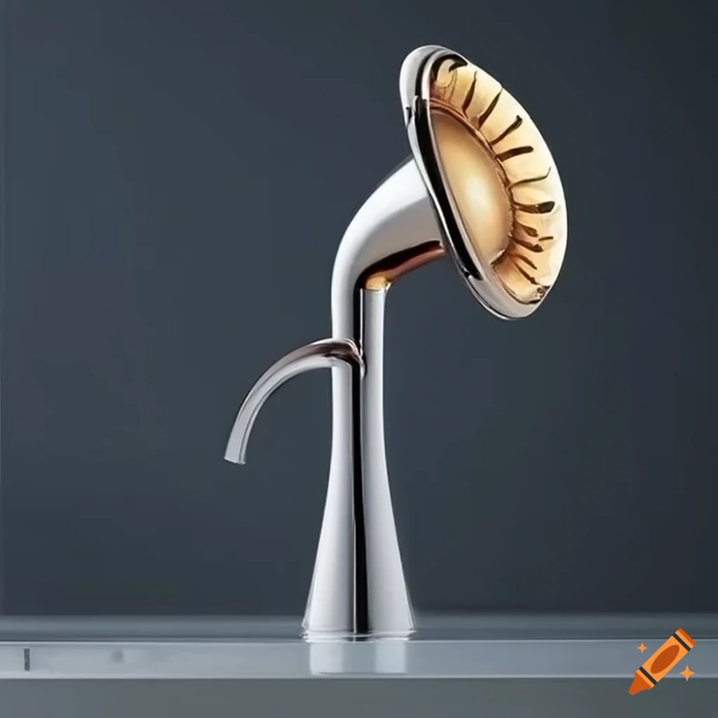 Kitchen faucet with gramophone-shaped spout curved into sink
