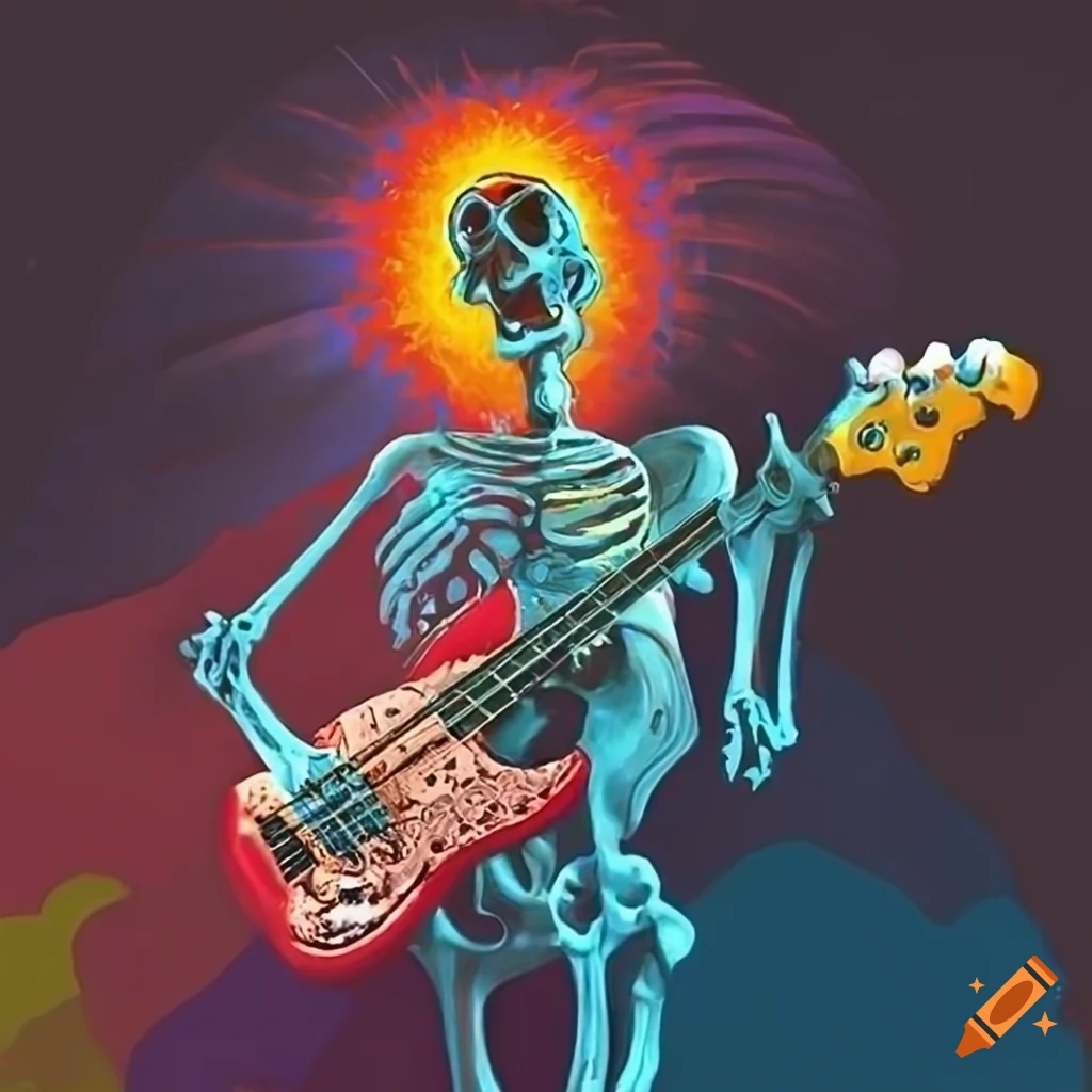 Sputnik skeleton playing fender bass in a colorful abstract dreamscape ...