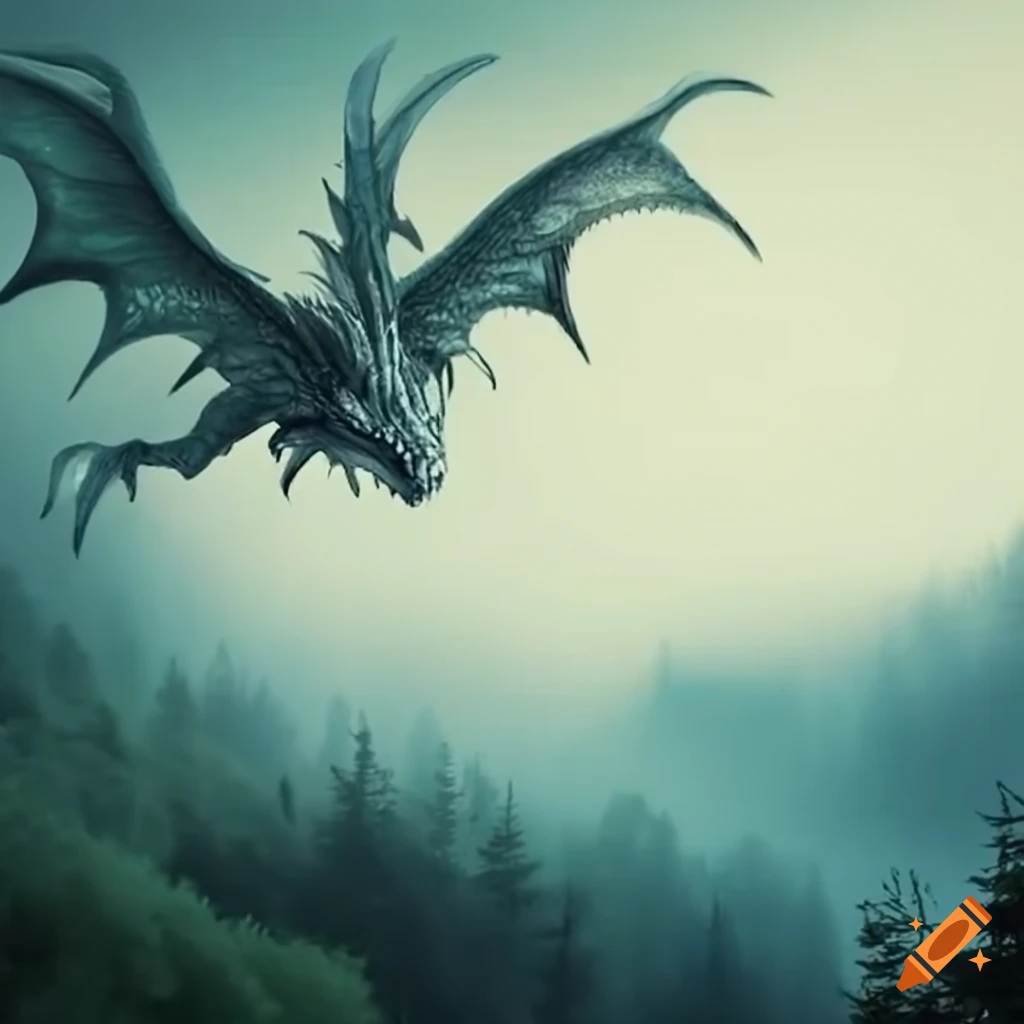 Enchanting silver dragon flying in misty wilderness