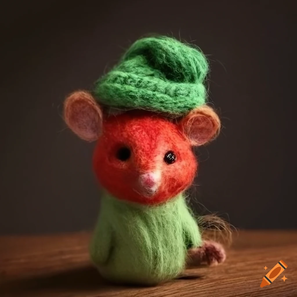 Red anthropomorphic rat with green knit hat made of felted wool