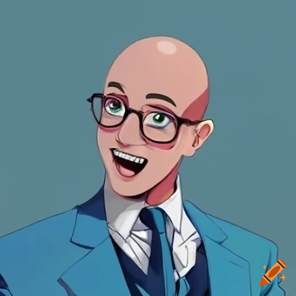 Smiling bald man in blue suit playing a white grand piano