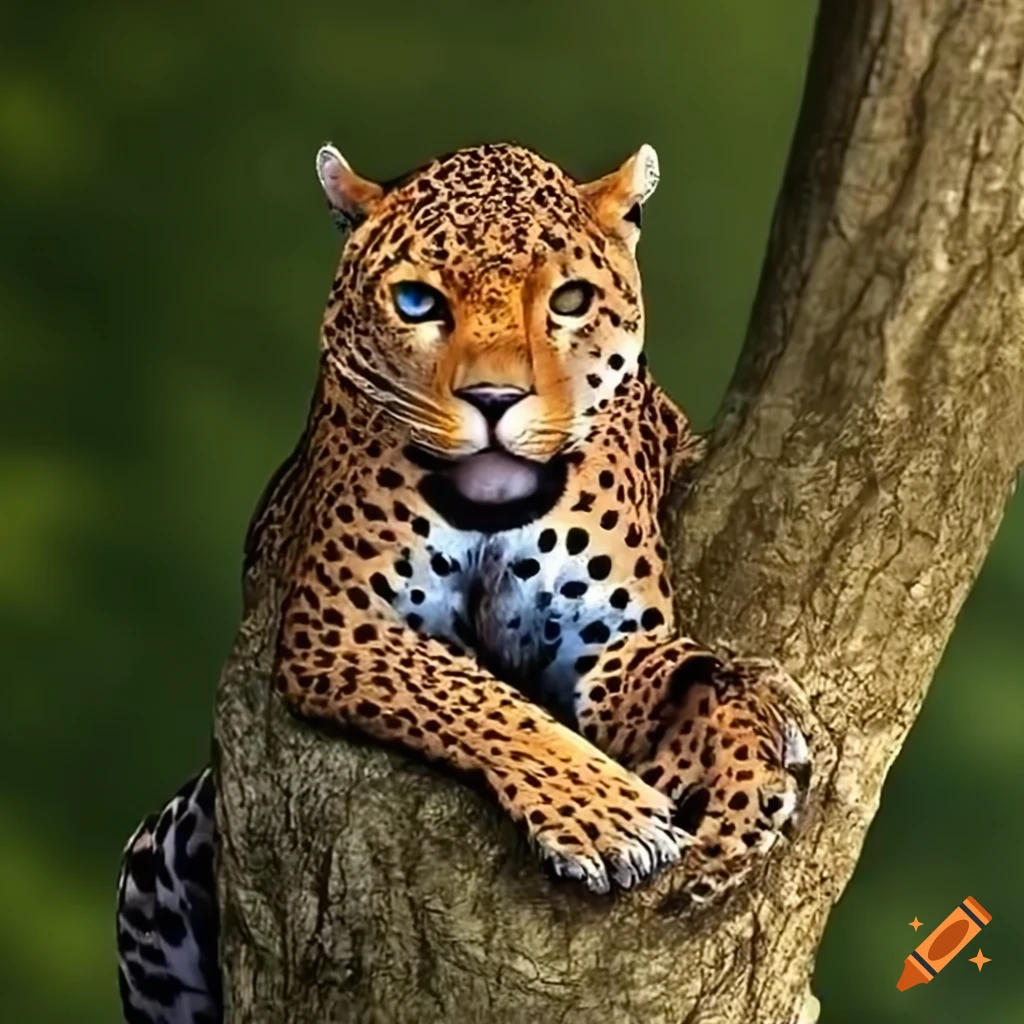 Panther on a tree branch with an optical illusion face formed by its paw and an owl's eye