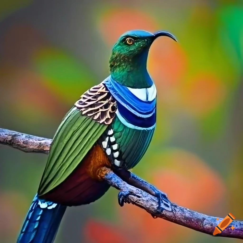 Realistic tui bird with traditional Maori patterns in a vibrant forest setting