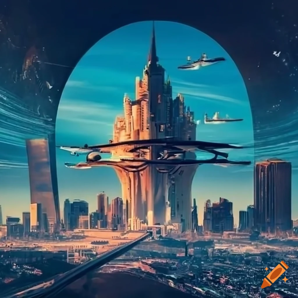 Panoramic view of a metropolis with magical architecture and flying cars