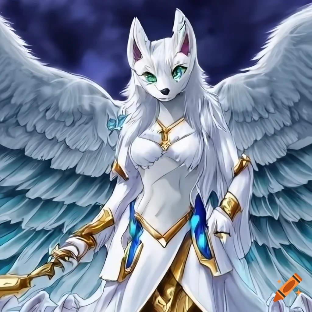 Shirayuu the Divine Fox, white fox anthro with angel wings and robes, Yu-Gi-Oh! card art in HD