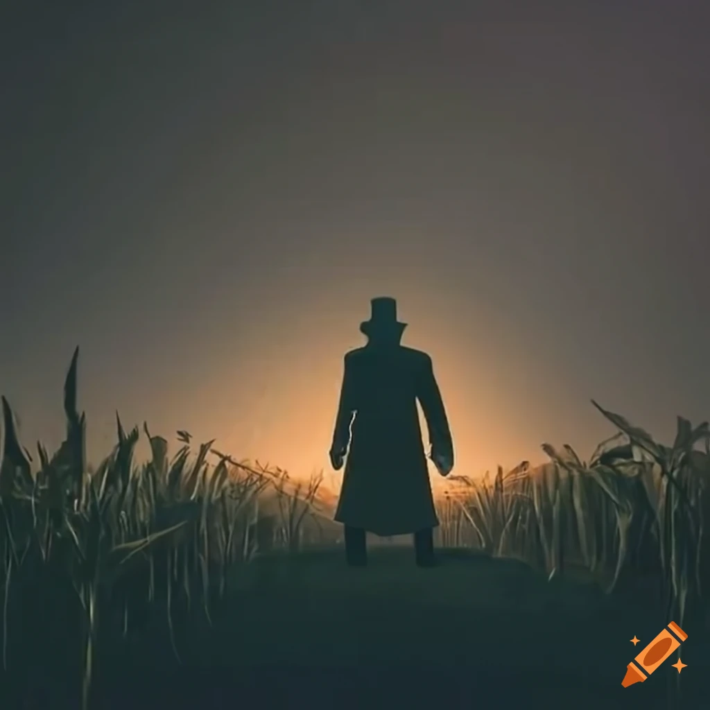 Farmer guarding cornfield at night with mysterious shadows and hooveprints