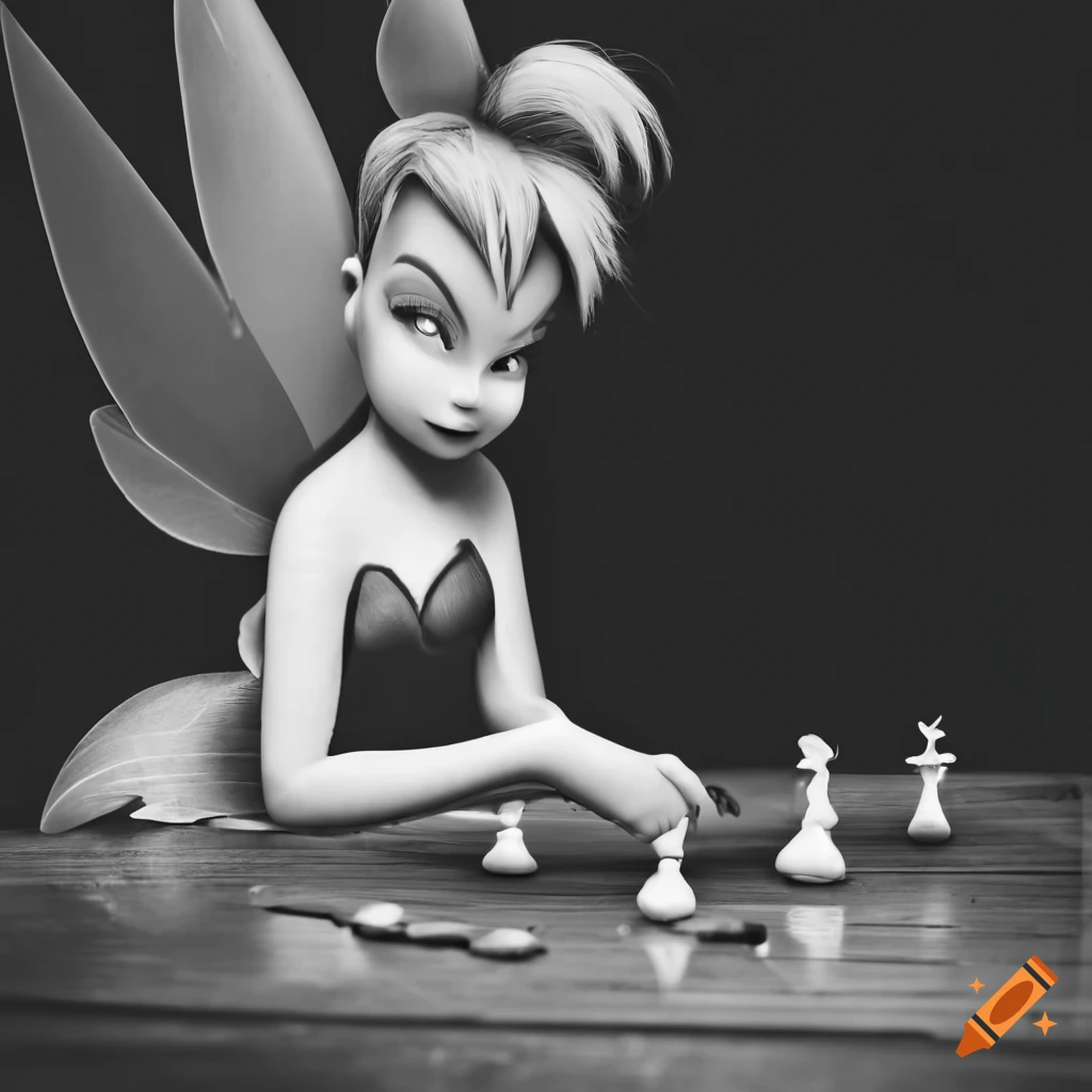 Monochrome Angry Tinkerbell playing a board game and tapping finger