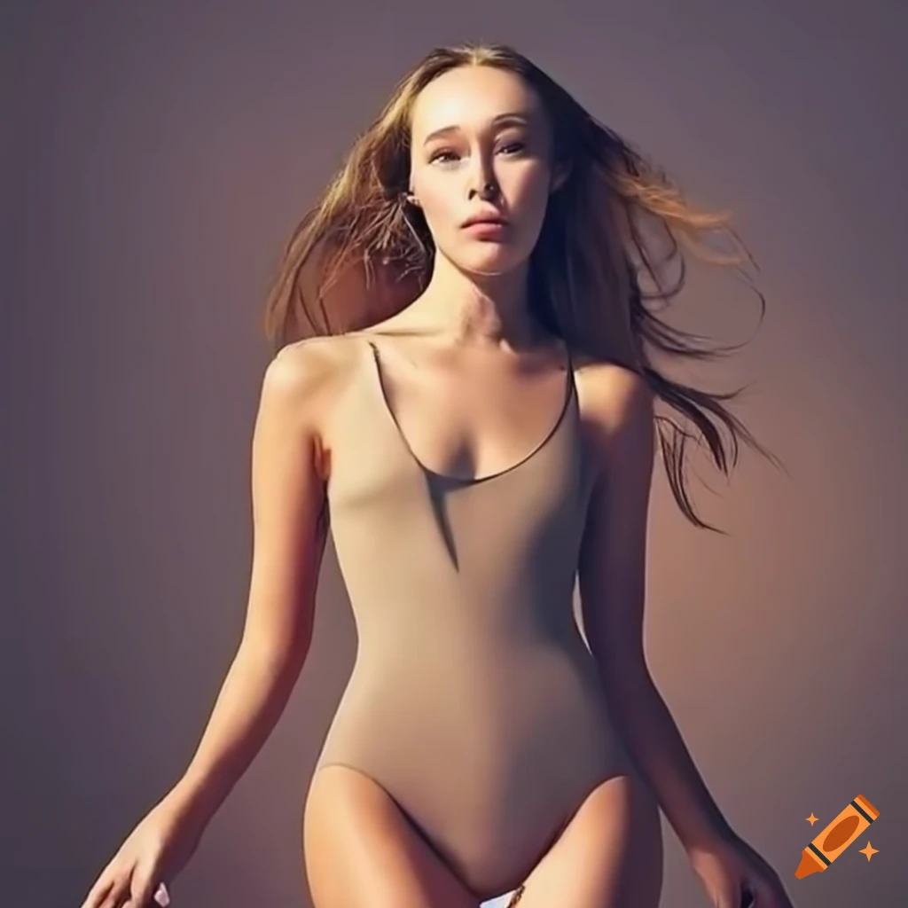 Smiling alycia debnam-carey in a tan one-piece swimsuit on Craiyon