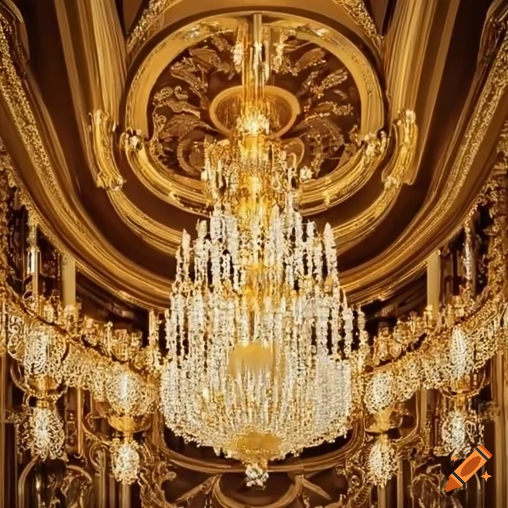 Opulent interior with gleaming gold chandeliers in a grand ballroom