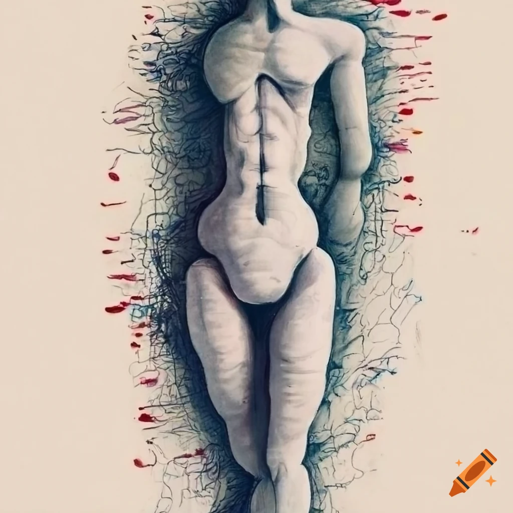 Surrealistic abstract drawing with fragmented human figure in organic shapes