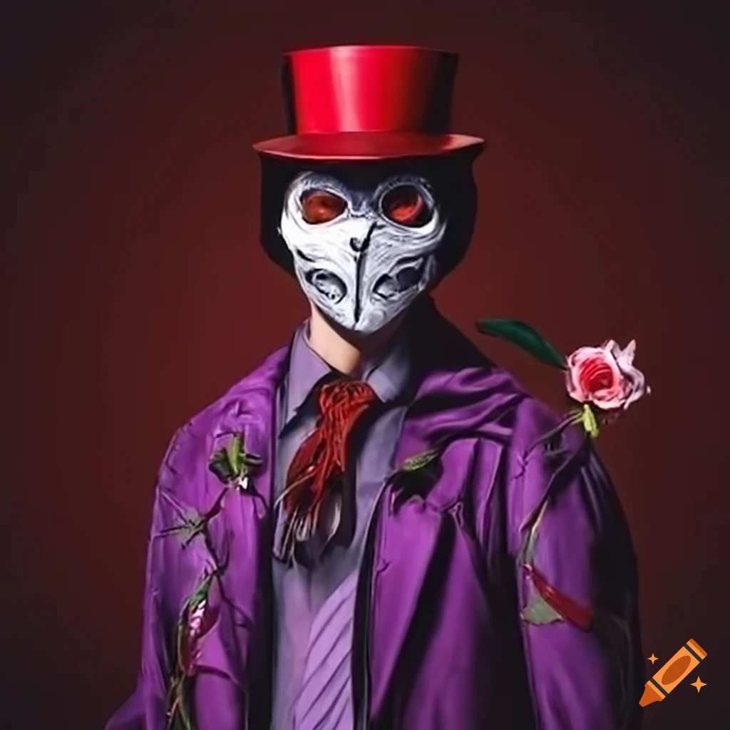 Masked man with black hair holding a rose and wearing a red top hat