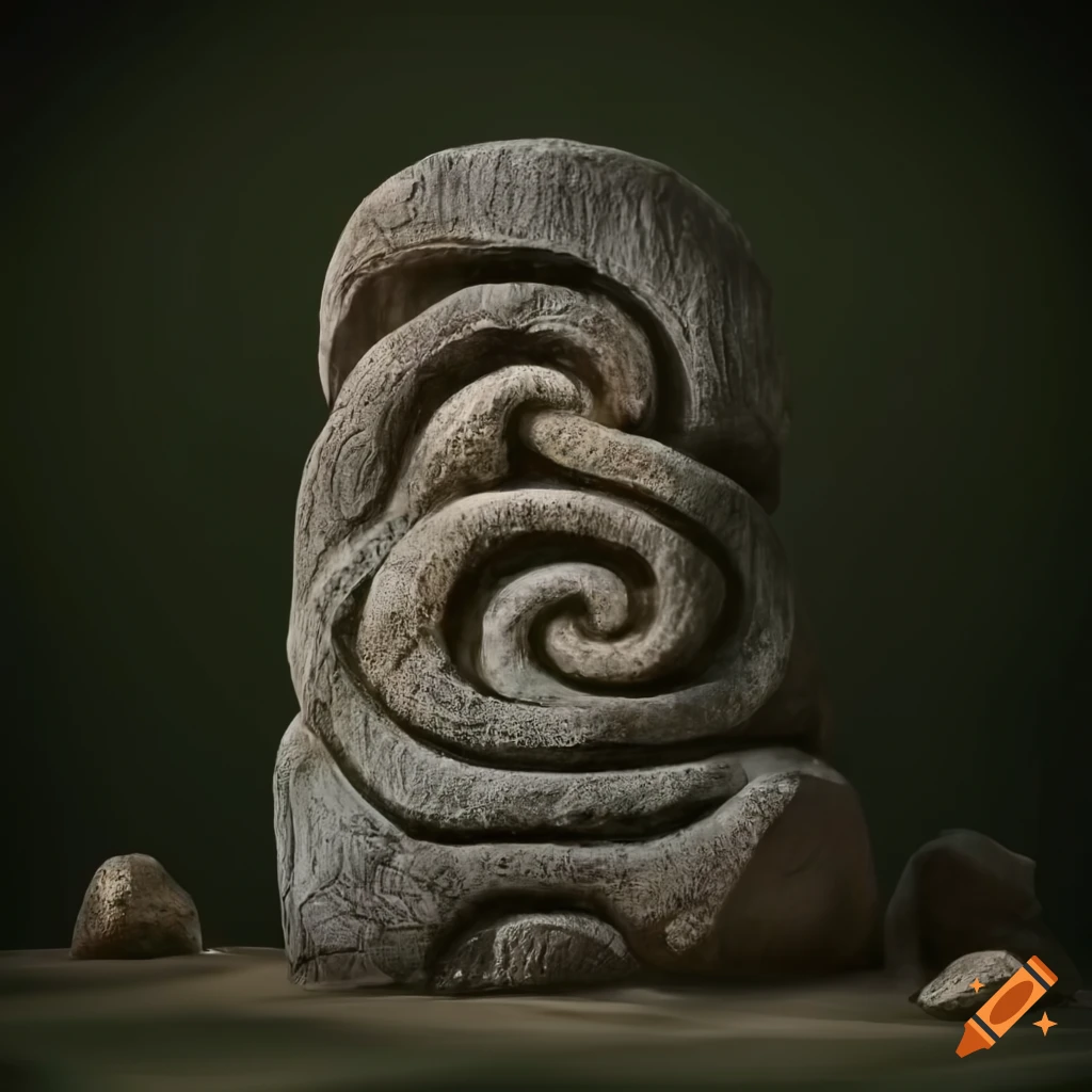 Artwork of upright stones with organic knotwork in a mysterious forest