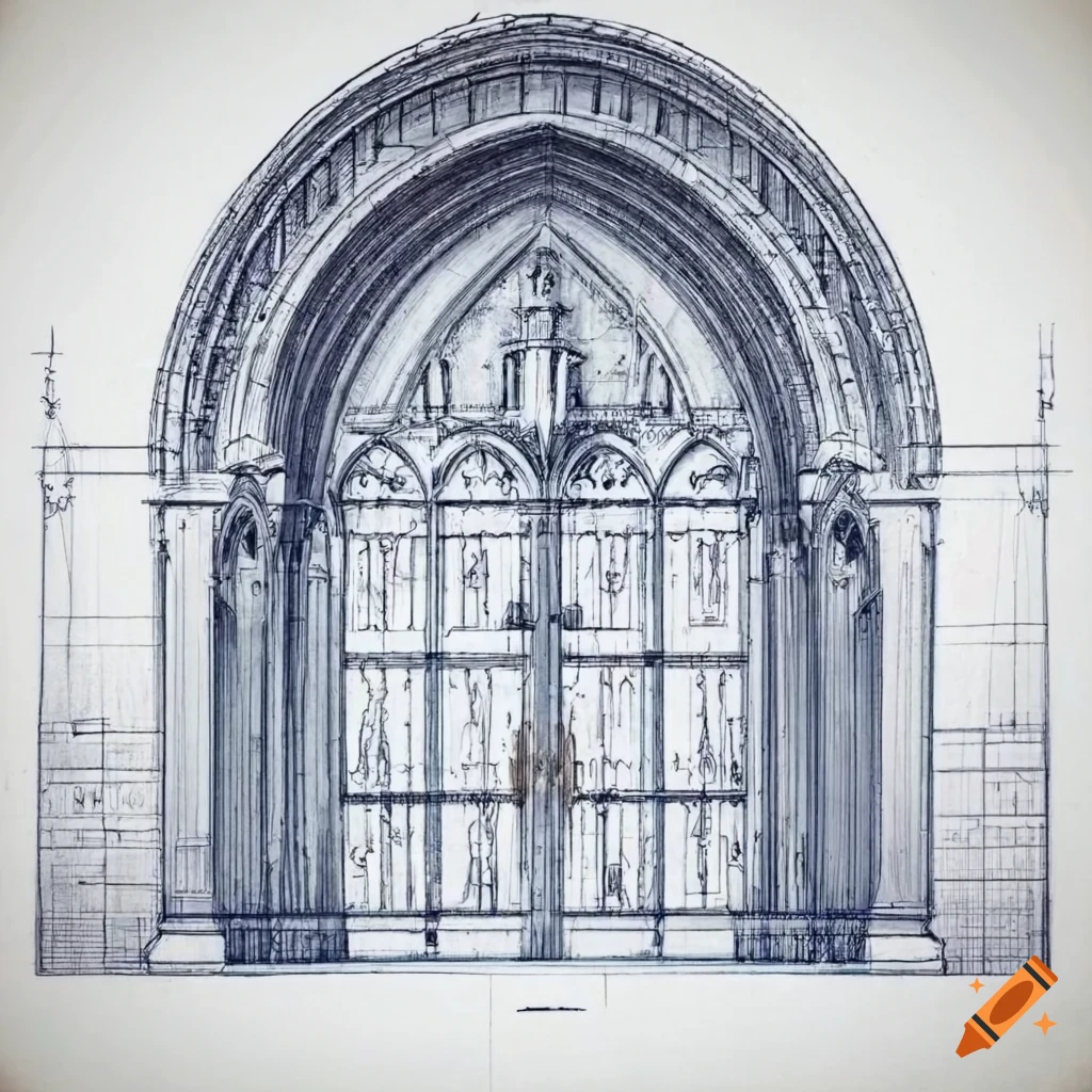 Blueprint sketch of a detailed cathedral door