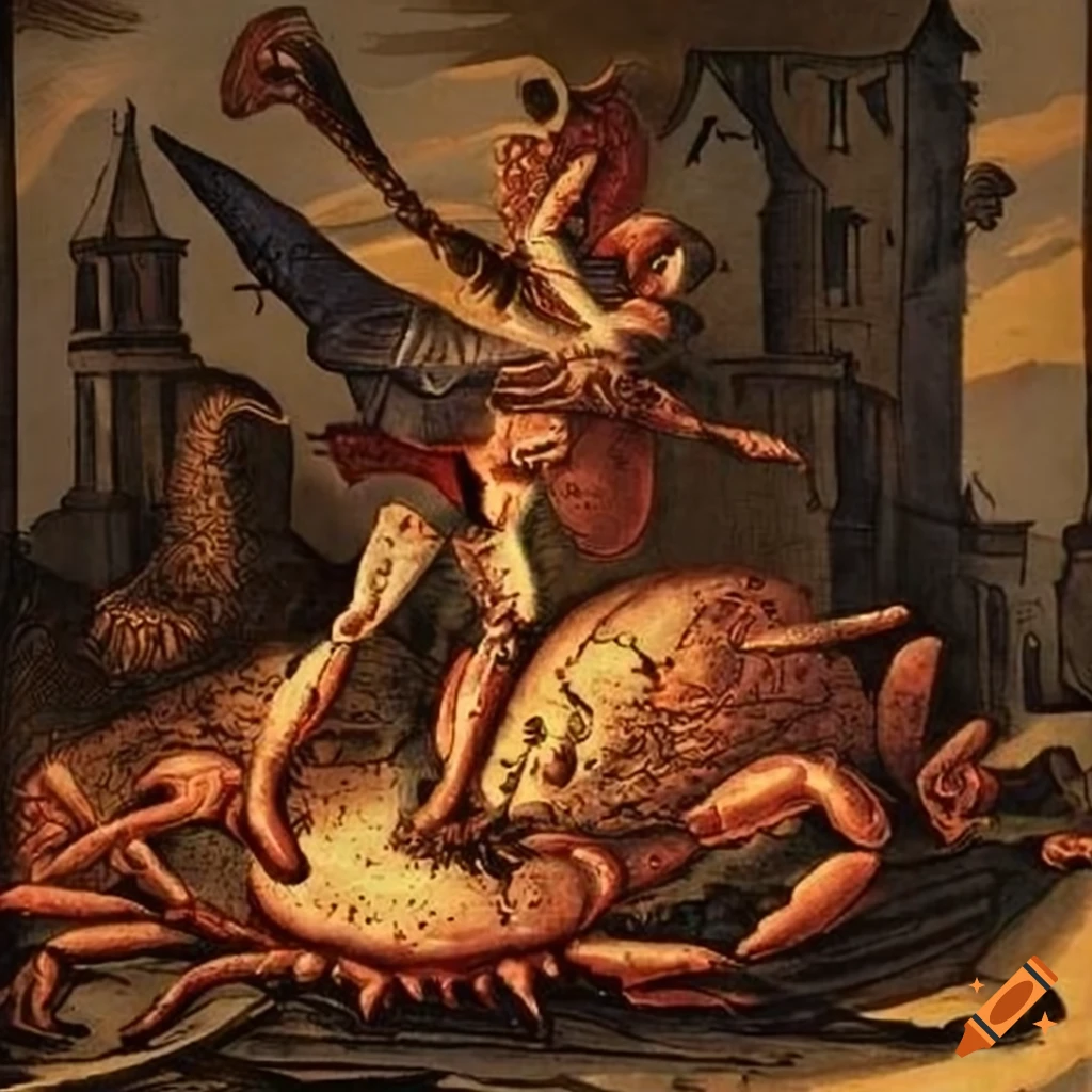 Tudor woodcut of St. George fighting a crab monster