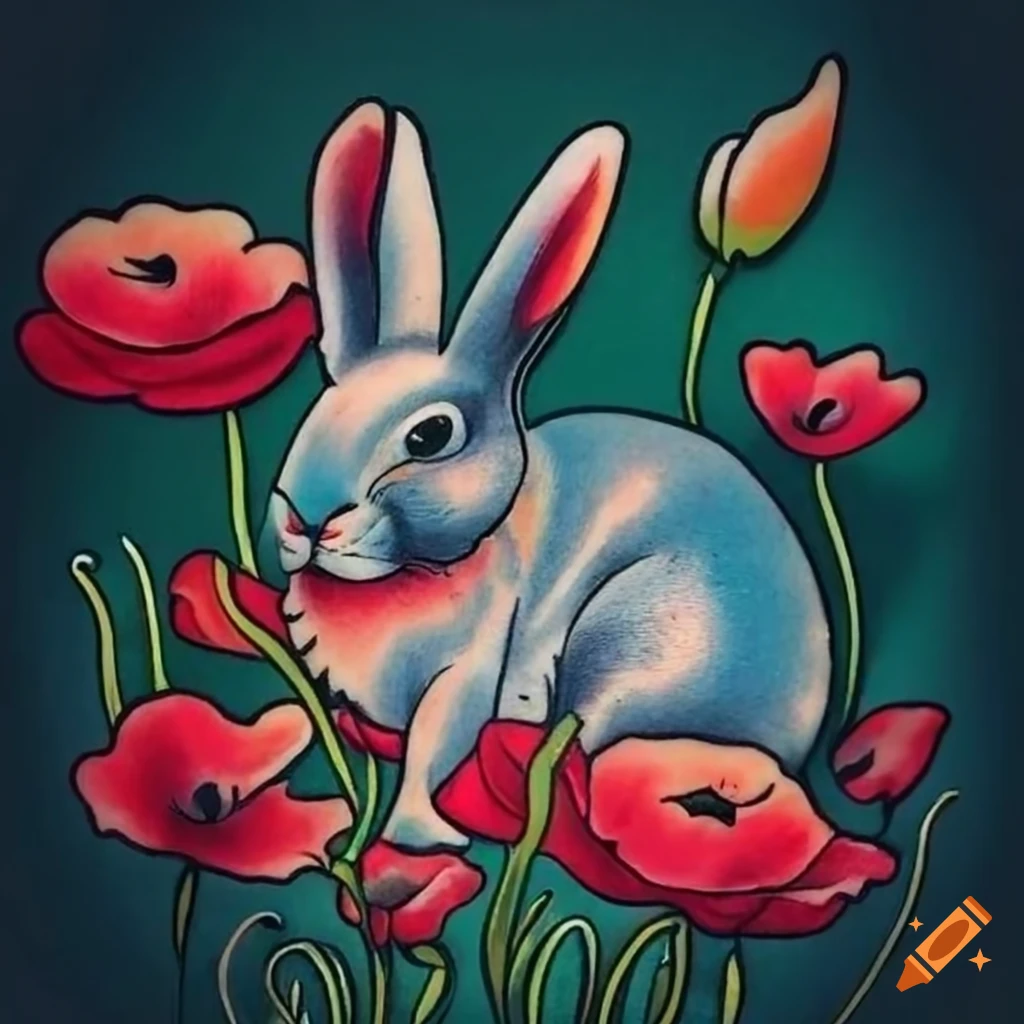 Traditional tattoo design of a rabbit with red poppy flowers on Craiyon