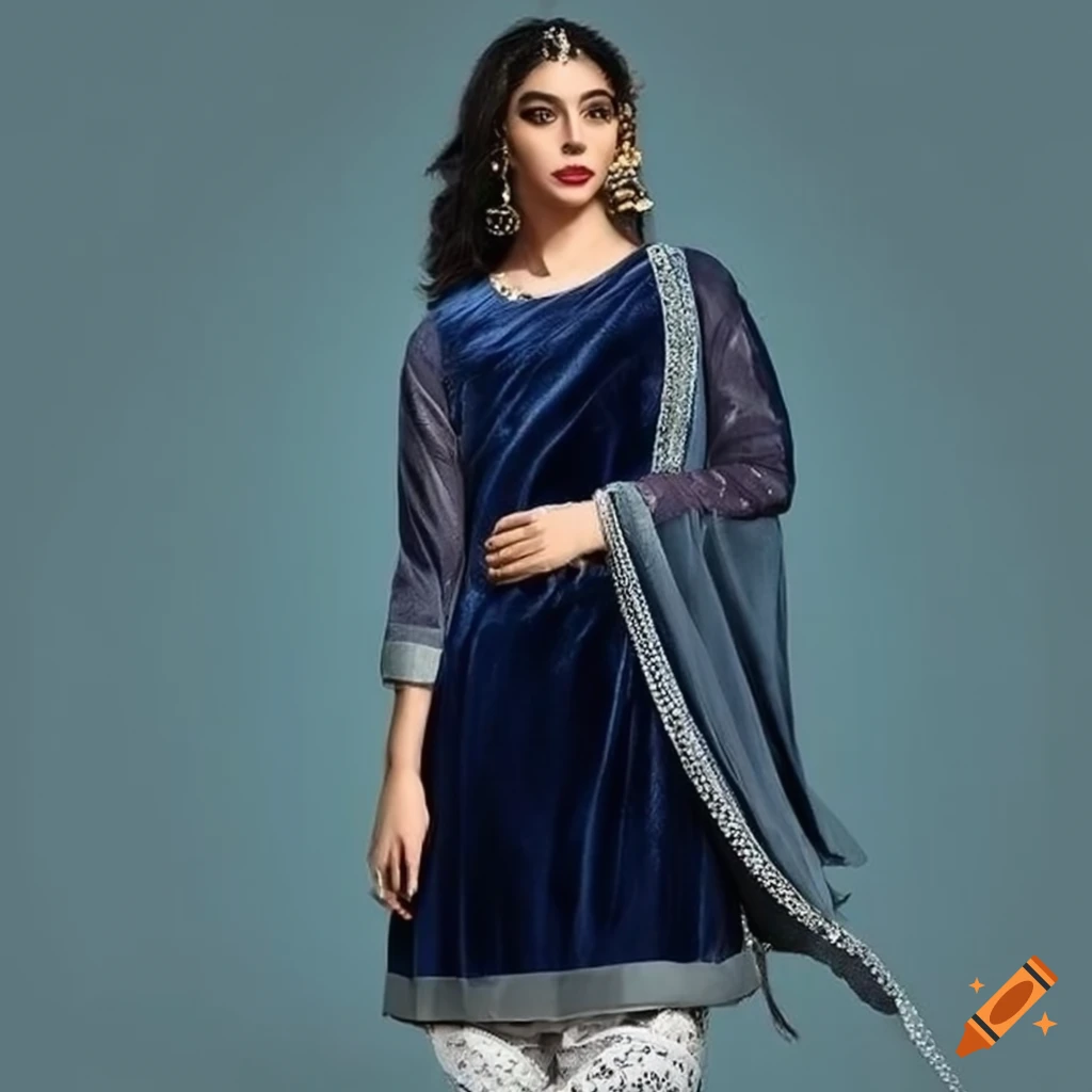 Dark blue velvet short kurta with light grey garara and dupatta on slim girl