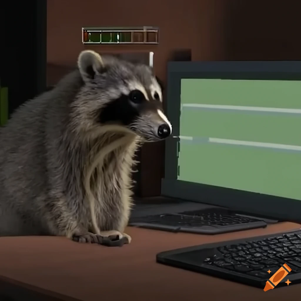 Raccoon playing Minecraft on a computer