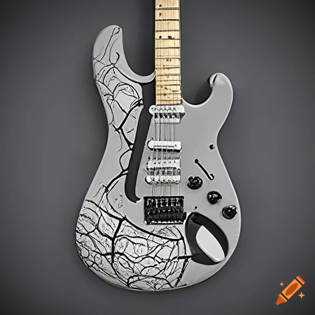 Detailed 3D-printed electric guitar with unique body pattern in matte grey color