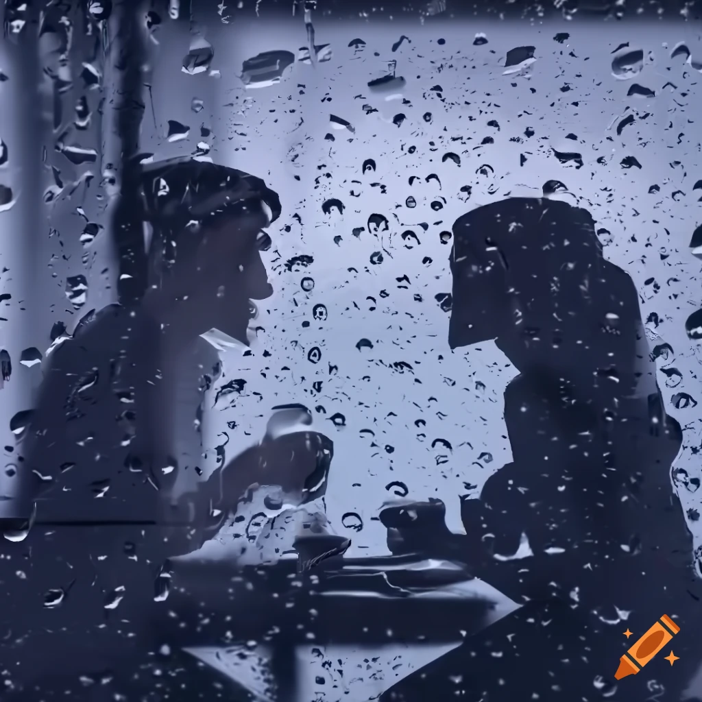 Couple enjoying a cozy cafe on a rainy day with hot drinks