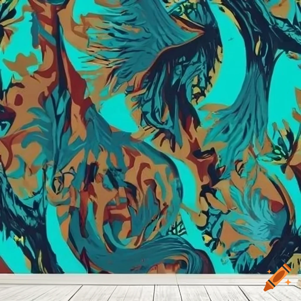 Abstract afrofuturist wall mural of a tree pattern