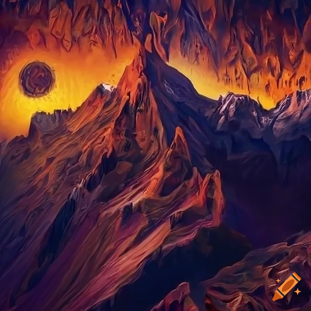 Hyperrealistic medieval climbers scaling icy cliffs in a snowy psychedelic mountain landscape