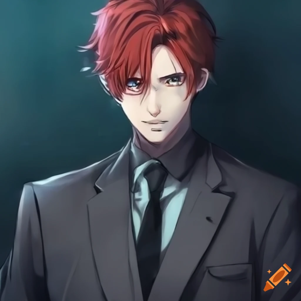 Attractive 40-year-old male in dark sweater and expensive grey suit with red hair and green eyes in an anime style