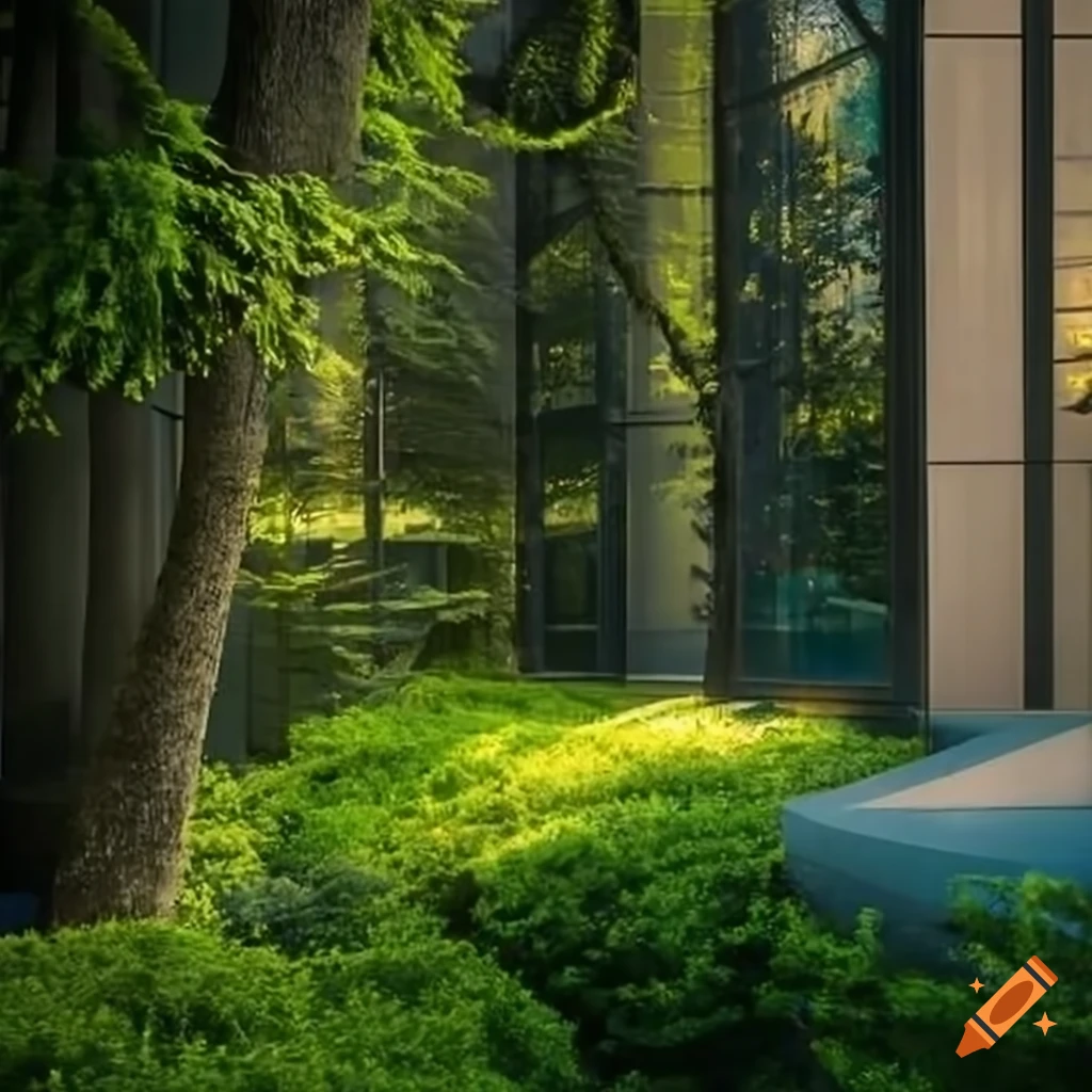 Contrast between modern cityscape and lush forest landscaping