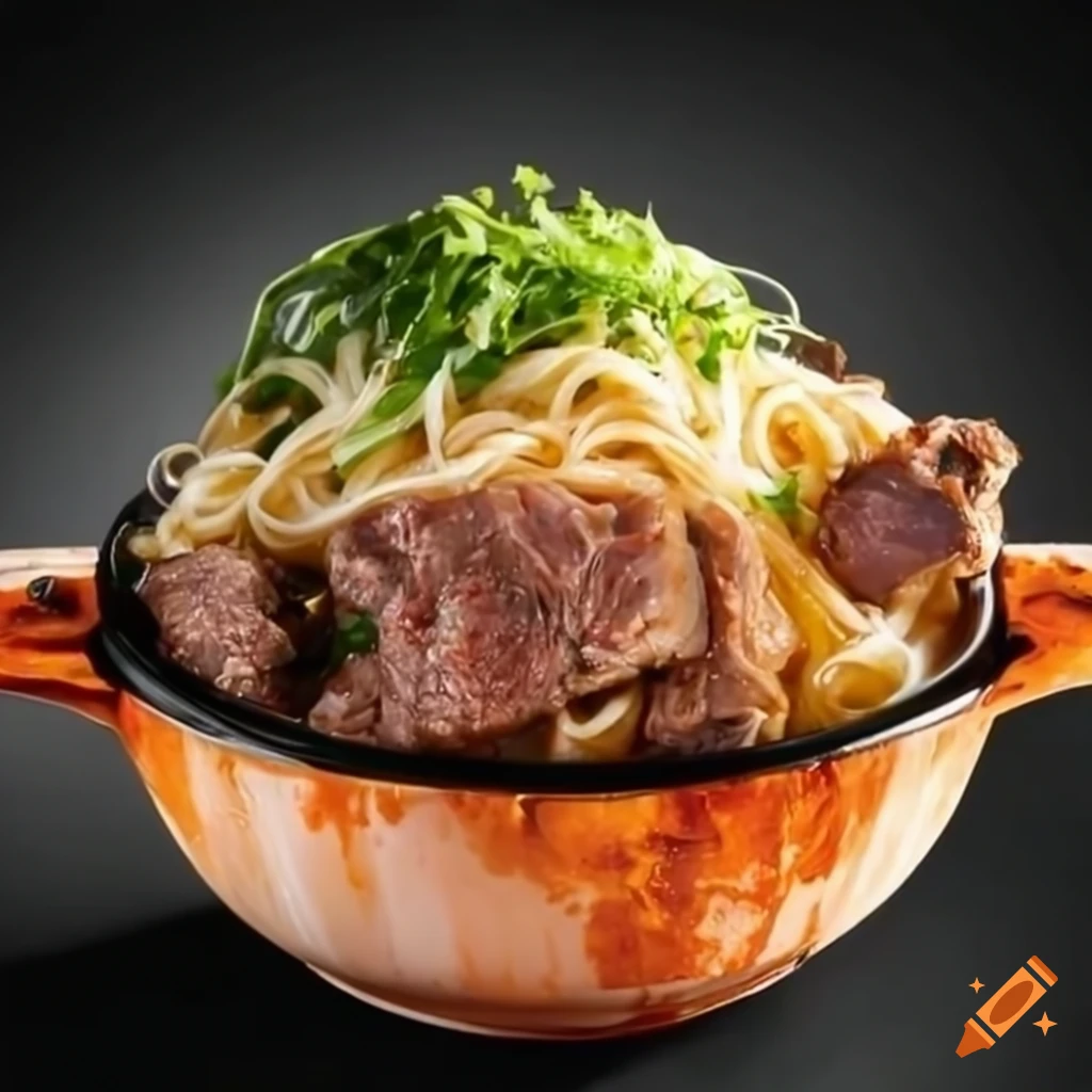 Delicious hot bowl of noodles with meat toppings