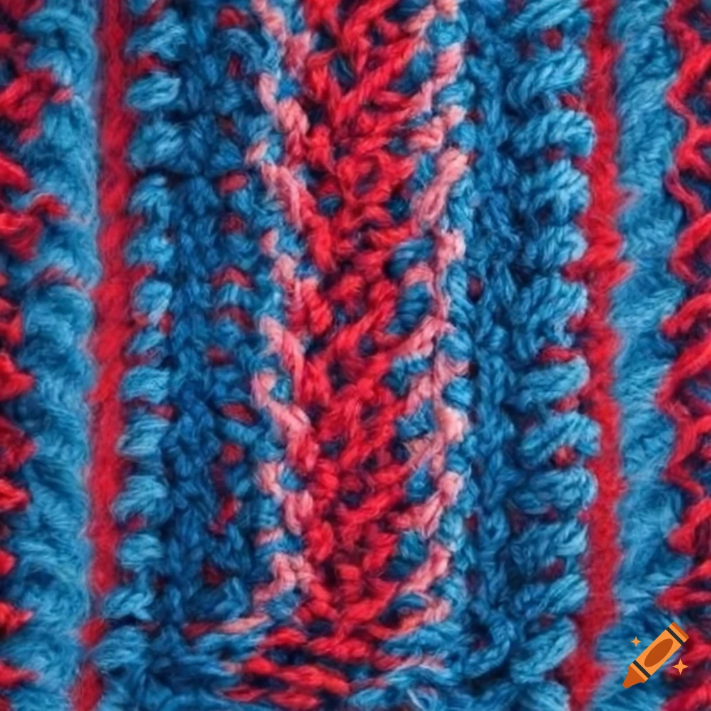 Blue knitted square with red stripes