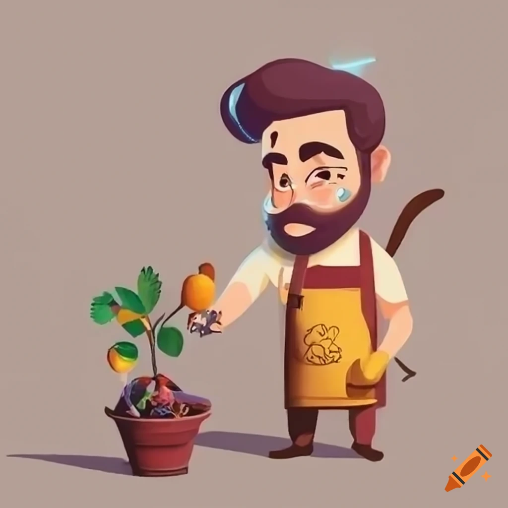 Cartoon style barista pouring from gooseneck kettle into pour-over, woman watering lemon tree