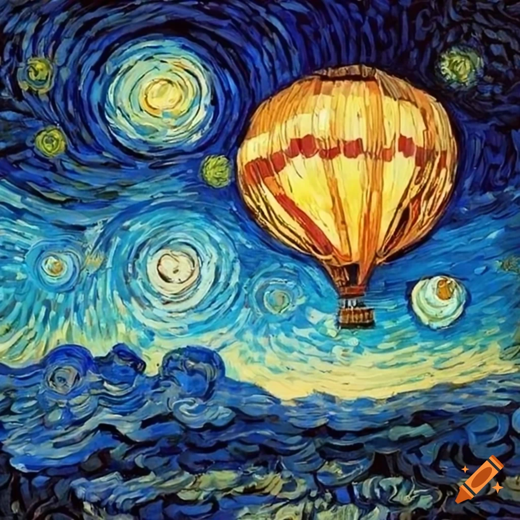 Hand-drawn cloudscape with hot air balloon inspired by Van Gogh