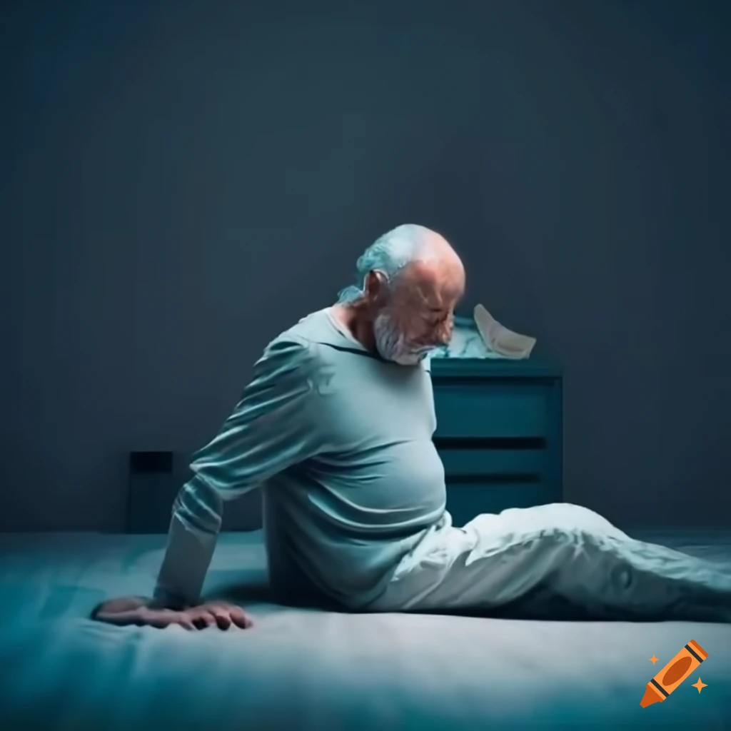 Old man waking up on bedroom floor on Craiyon
