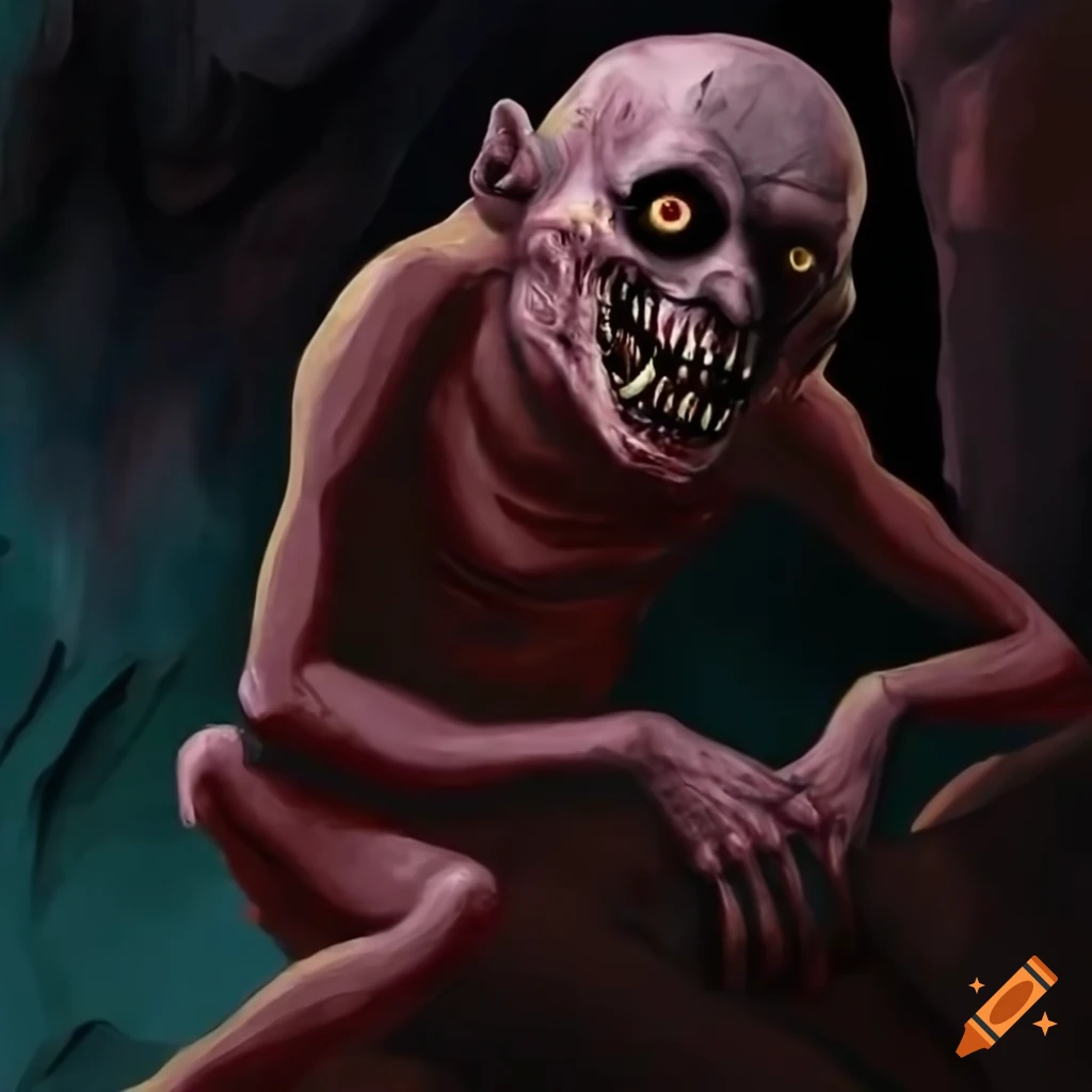 Scary ghoul sitting on a canyon wall in goya-inspired style