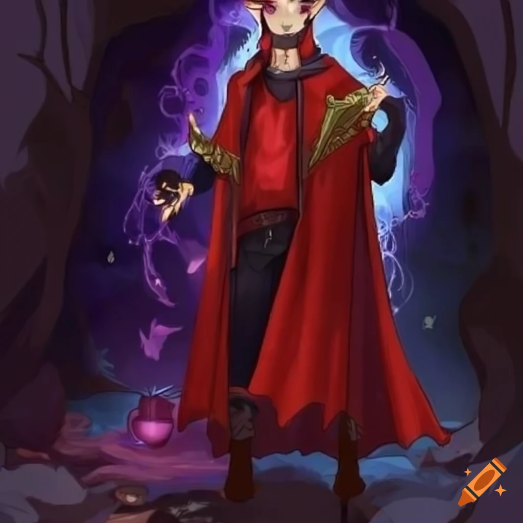 Anime style elven sorcerer with spellbook and red vest