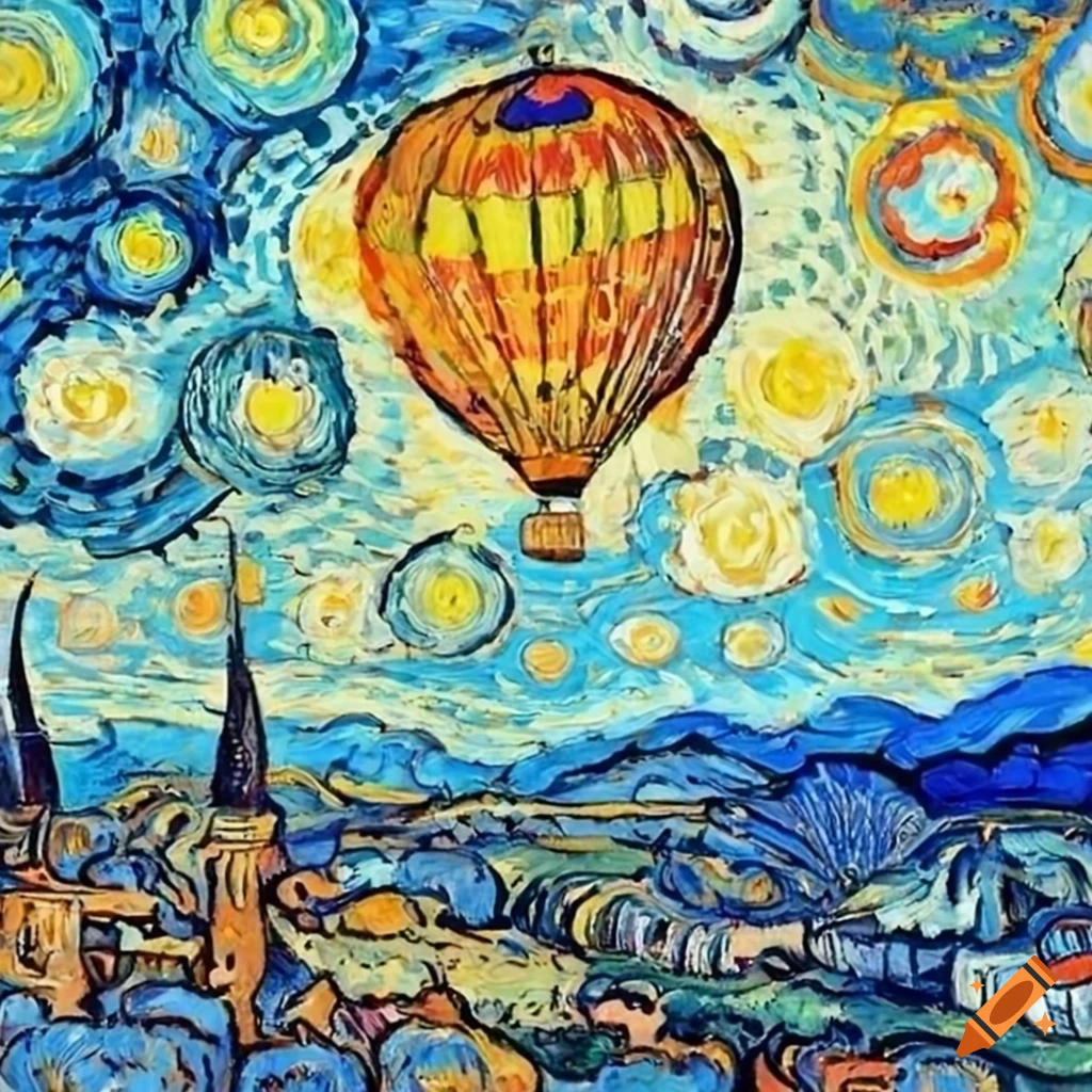 Hand-drawn cloudscape with a hot air balloon in the style of Van Gogh