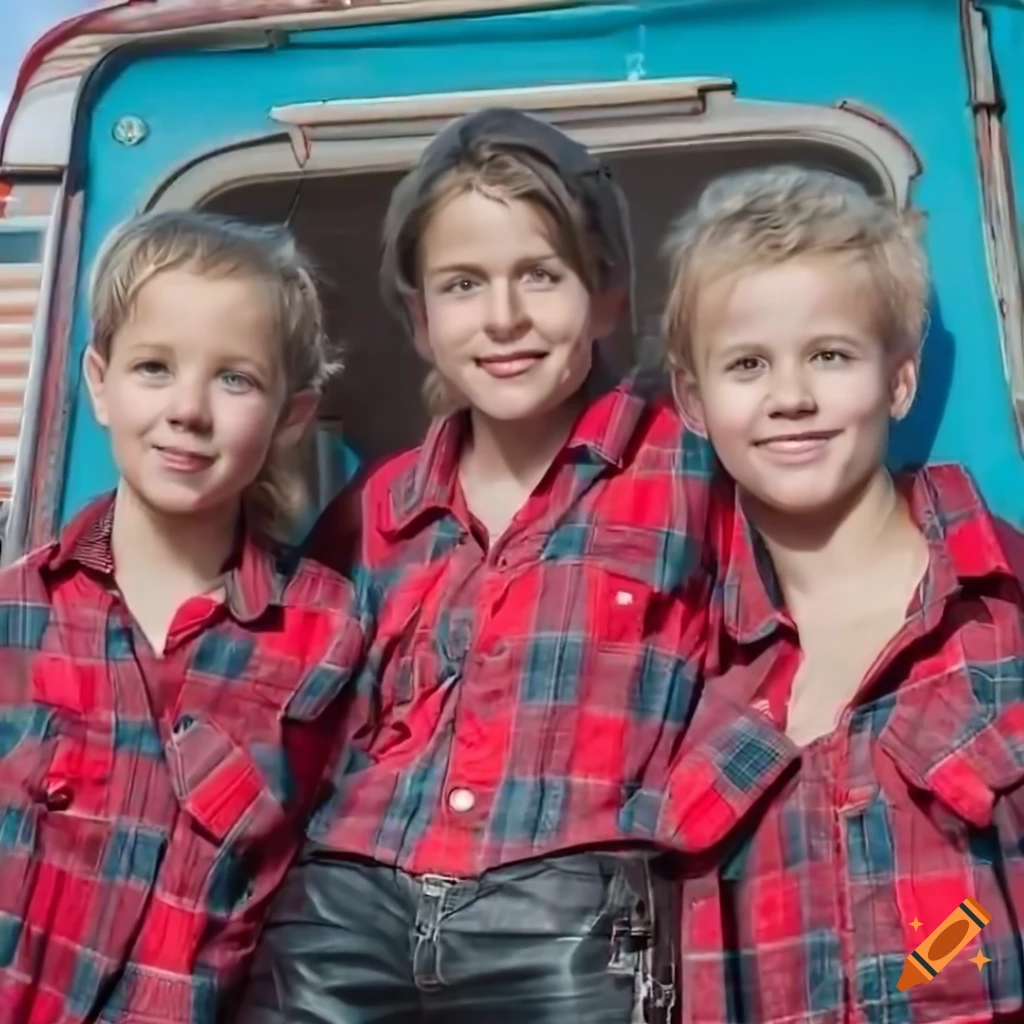 Photorealistic image of the Irimia twins singers standing by an old caravan trailer